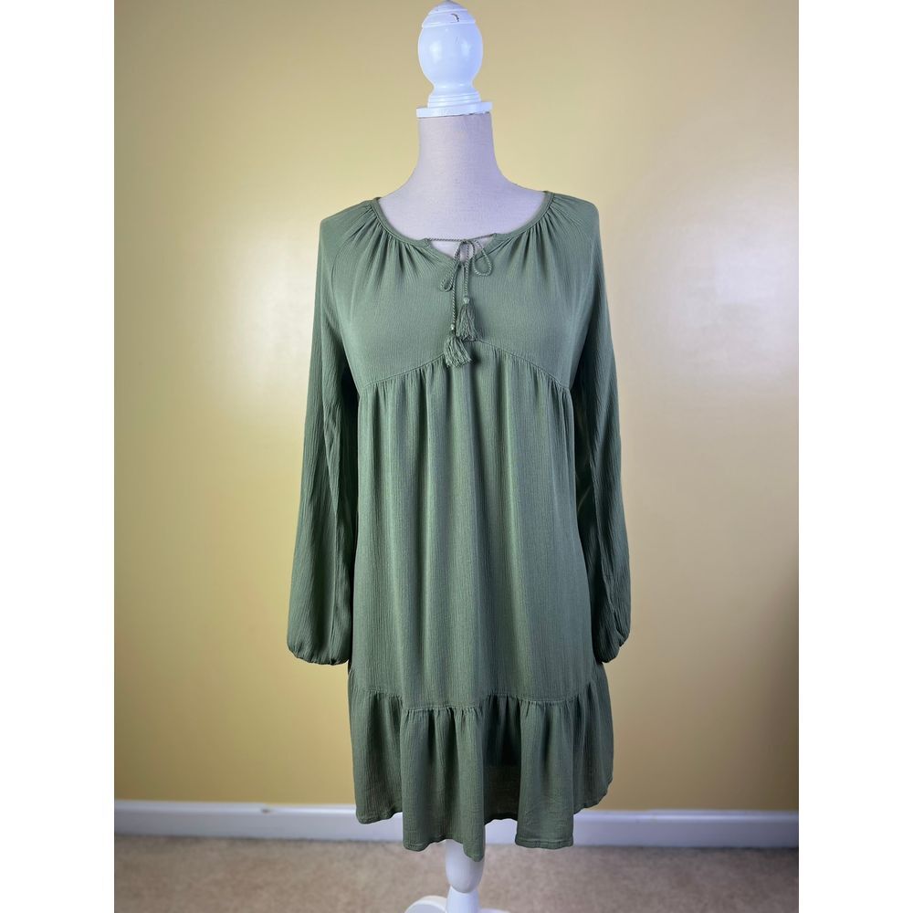 Time and Tru Olive Green Long Sleeve Tiered Dress